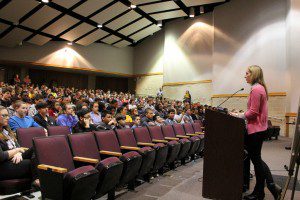 Brooke Burdge talking to students at Monmouth Regional High School