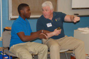 An extemporaneous role play exercise during a presentation at Salem High School in NJ in which a student practices speaking up for his safety