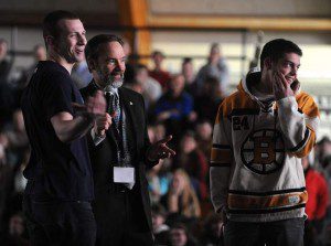 Seniors Ed Colella, left, and Nick Zucco are questioned by Philadelphia attorney Joel Feldman during his distracted driving program at Franklin High School. Daily News Staff Photo / Allan Jung