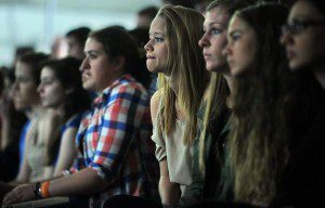 Senior Hannah Chase watches a video about a young girl who killed a family man while texting and driving. Daily News Staff Photo / Allan Jung