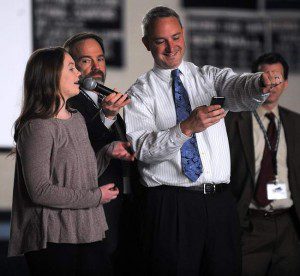 Principal Peter Light and senior Tara Doherty perform a skit about a father texting while driving his daughter. Daily News Staff Photo / Allan Jung