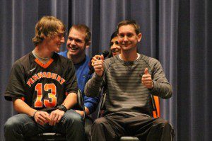 Students and a Pennsbury teacher act out a distracted driving situation. Credit: Tom Sofield/LevittownNow.com