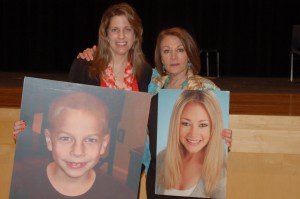 Owen's mother Karen (L) and Casey Feldman's mother, Dianne Anderson (EndDD) following a presentation at Bishop McDevitt H.S. in April, 2013