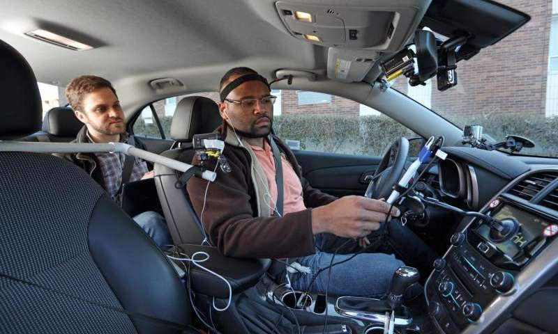 A University of Utah research assistant introduces a participant in new distracted driving studies to special devices designed to gauge mental distraction during road tests. Credit: AAA Foundation for Traffic Safety 